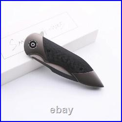 Folding Knife satin Damascus Blade Carbon Fiber Titanium HandleTactical Survival