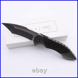 Folding Knife satin Damascus Blade Carbon Fiber Titanium HandleTactical Survival
