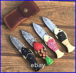 Folding Knives Lot Of 4 Custom Hand Made Damascus Steel Blade pocket Knives