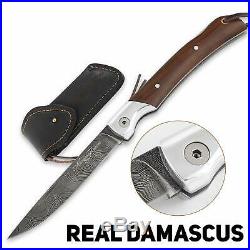 Folding Pocket Knife Mexican Damascus Steel Hornbeam Handle with Leather Sheath