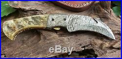 Folding Pocket Knife Ram Horn Handle Damascus Karambit Outdoors Tools (K484)