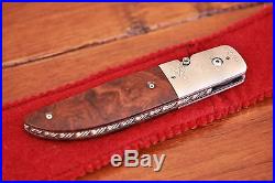 Folding R. L. Helton, San Diego, Tactical Knife with Damascus Blade, Wood grip