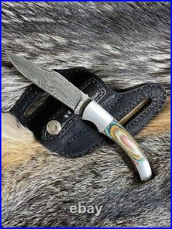 Folding damascus knife with custom sheath. Left handed. Western style. Groomsmen