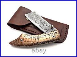 Free Shipping Handmade Damascus Chisel Engrave Hunting Folding Pocket Knife