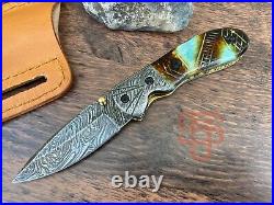Genuine Custom handforged Damascus steel Folding knife pocket knife bull horn