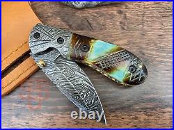Genuine Custom handforged Damascus steel Folding knife pocket knife bull horn