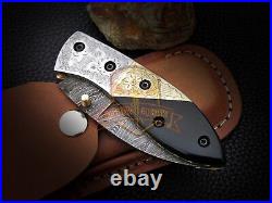 Genuine Custom made Damascus Folding Knife D2 steel Bolster Bull Horn Handle1074