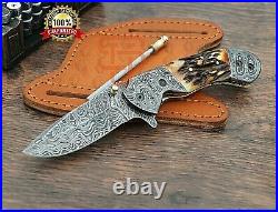 Genuine Damascus steel Folding Knife Stag Horn Pocket Knife Mosaic pin USA