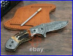 Genuine Damascus steel Folding Knife Stag Horn Pocket Knife Mosaic pin USA