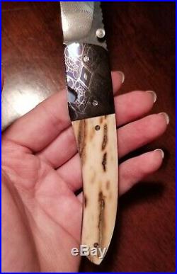 George Muller Hand-Made Damascus Steel Folding Knife withMammoth Bone Handle