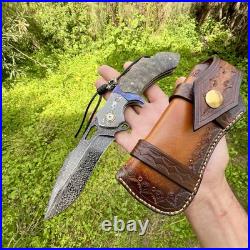 Gorgeous Damascus Custom Titanium Feather Damascus Steel Handmade Folding Kni