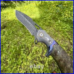 Gorgeous Damascus Custom Titanium Feather Damascus Steel Handmade Folding Kni