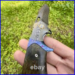 Gorgeous Damascus Custom Titanium Feather Damascus Steel Handmade Folding Kni