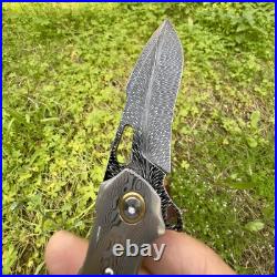Gorgeous Damascus Custom Titanium Feather Damascus Steel Handmade Folding Kni
