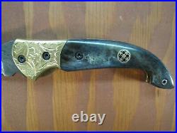 HANDMADE 7.4 DAMASCUS FOLDING KNIFE Buffalo Horn Carved Engraved Brass Handle