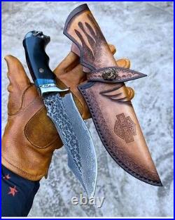 HARLEY DAVIDSON Damascus Steel Hunting Knife Survival Knife With Leather Sheath