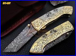 Hand Crafted Damascus Steel Scrimshaw Pocket Folding Knife Camel Bone Brass
