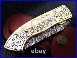 Hand Crafted Damascus Steel Scrimshaw Pocket Folding Knife Camel Bone Brass