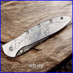 Hand Engraved Kershaw Leek Damascus 1660DAM 3 Stainless Steel Knife