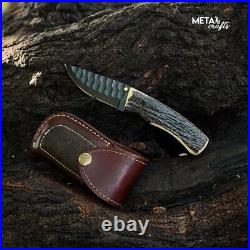 Hand Forged Carbon Steel STAG Handle HUNTING SURVIVAL POCKET KNIFE with Sheath