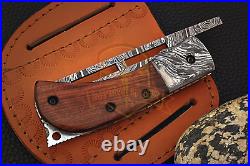 Hand Forged Custom Damascus Steel Pocket Folding Knife Rosewood Handle