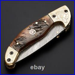 Hand Forged Custom Handmade Damascus Folding Knife Linear Lock Stag/antler Bras