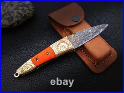 Hand Forged Damascus Steel Engraved Bolster Resin Pocket Folding Knife