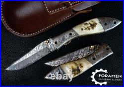 Hand Forged Damascus Steel Hunting Folding Pocket knife Stag Antler Handle