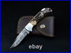 Hand Forged Damascus Steel Hunting Folding Pocket knife wood &Stag Antler Handle