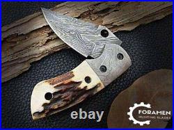 Hand Forged Damascus Steel Hunting Folding knife Pocket Knife Stag Antler Handle