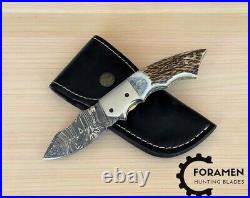 Hand Forged Damascus Steel Hunting Folding knife Pocket Knife Stag Antler Handle