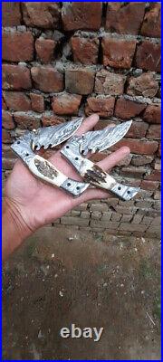 Hand Forged Damascus Steel Hunting Pocket Knife Folding Knife Stag Antler 2 PCS