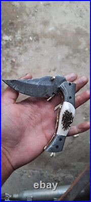 Hand Forged Damascus Steel Hunting Pocket Knife Folding Knife Stag Antler 2 PCS