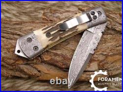 Hand Forged Damascus Steel Hunting Pocket Knife Folding Knife Stag Antler Handle