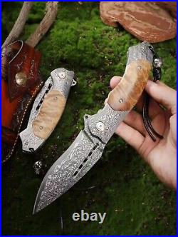 Hand Forged Damascus Steel Hunting survival Folding Pocket Knife Ball Bearing