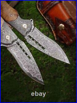 Hand Forged Damascus Steel Hunting survival Folding Pocket Knife Ball Bearing