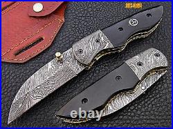 Hand Forged Damascus Steel Pocket Folding Knife Buffalo Horn Damascus Bolster