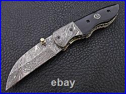 Hand Forged Damascus Steel Pocket Folding Knife Buffalo Horn Damascus Bolster