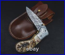 Hand Forged Ram Horn Handle Eagle Damascus Folding Knife Hunting Pocket Knife