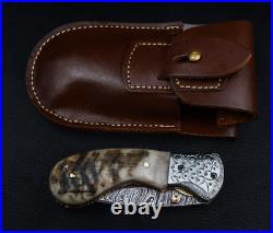 Hand Forged Ram Horn Handle Eagle Damascus Folding Knife Hunting Pocket Knife