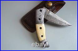 Hand Made Custom Damascus Knife Folding Blade with Genuine Leather Sheath