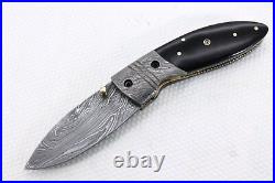 Hand Made Custom Damascus Knife Folding Blade with Genuine Leather Sheath 1FOH