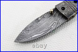 Hand Made Custom Damascus Knife Folding Blade with Genuine Leather Sheath 1FOH