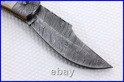 Hand Made Custom Damascus Knife Folding Blade with Stag Genuine Leather Sheath