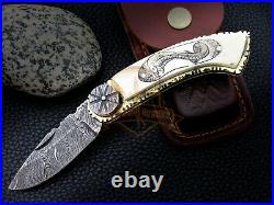Hand Scrimshaw Cobra Damascus Pocket Folding Knife Camel Bone Collectible Knife