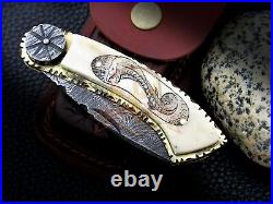 Hand Scrimshaw Cobra Damascus Pocket Folding Knife Camel Bone Collectible Knife