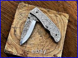 Hand engraved D2 steel EDC Pocket knife, Handmade Knife, Folding knife, Damascus