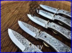 Hand engraved D2 steel EDC Pocket knife, Handmade Knife, Folding knife, Damascus