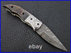 Hand forged Damascus Folding Knife sheep horn engraved bolster