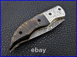 Hand forged Damascus Folding Knife sheep horn engraved bolster
